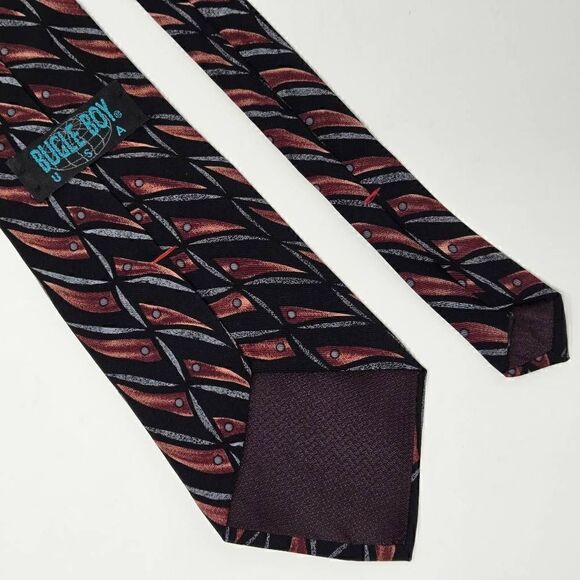 VINTAGE BUGLE BOY USA SILK TIE BLACK RED ABSTRACT PATTERN SMOOTH 4" X 57" - Picture 2 of 3